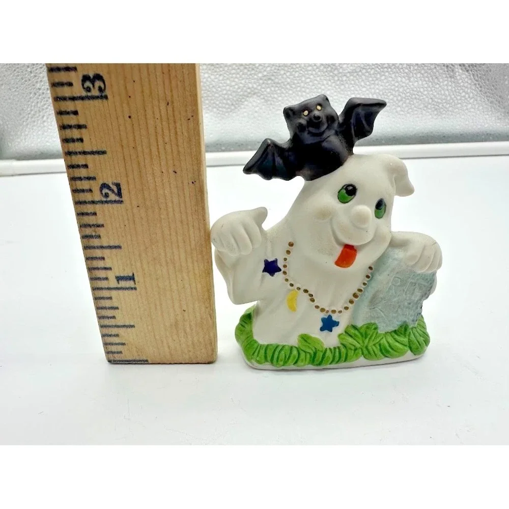 Vintage Ceramic Halloween Ghost with Bat and Tombstone‎ Tea Light Holder 3.25in